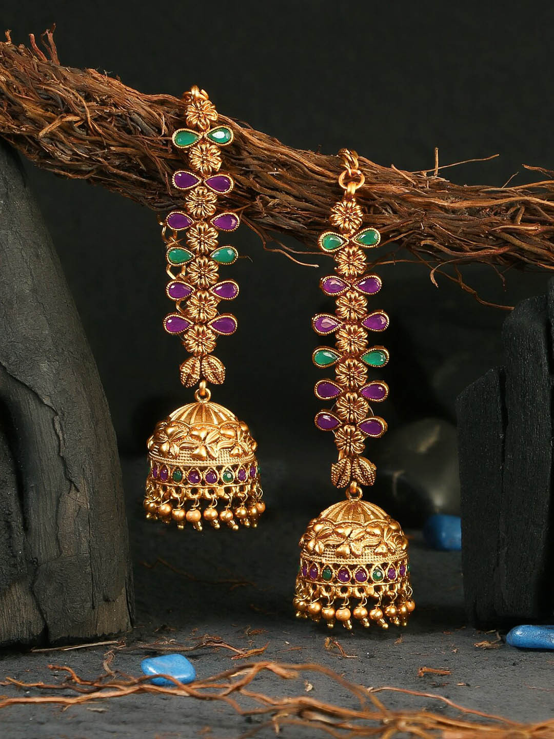 Adwitiya Collection 24 CT Gold-Plated Green & Pink Stone-Studded Classic Jhumkas Earrings
