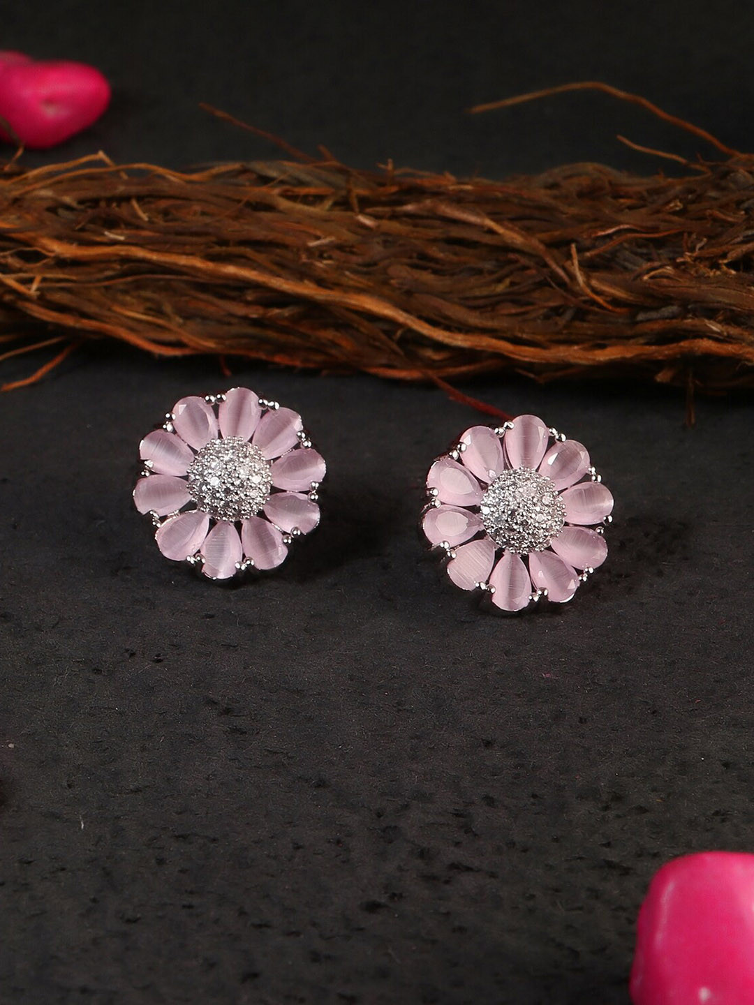 Adwitiya Collection Pink & Silver-Plated Classic Flower Studs Earrings