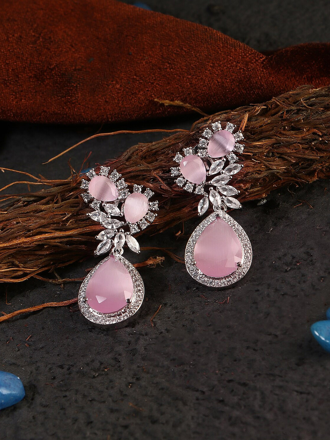 Adwitiya Collection Silver-Plated Pink & White American Diamond Stone Drop Earrings