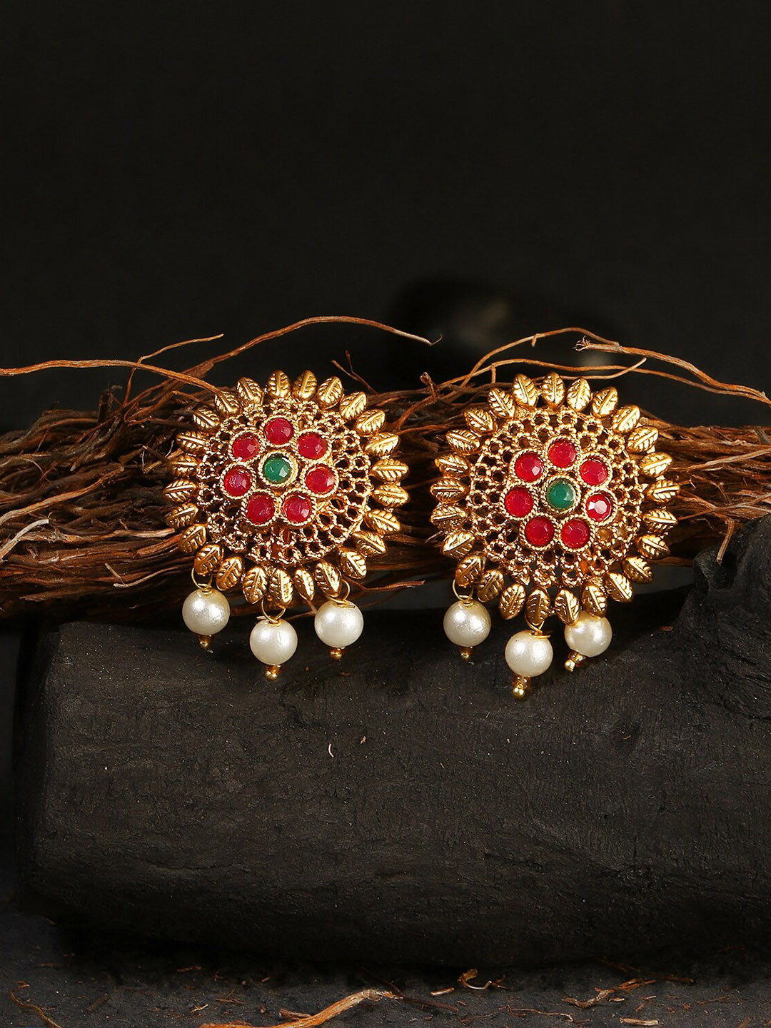 Adwitiya Collection 24 CT Gold-Plated Pink & White Stone-Studded Temple Studs Earrings