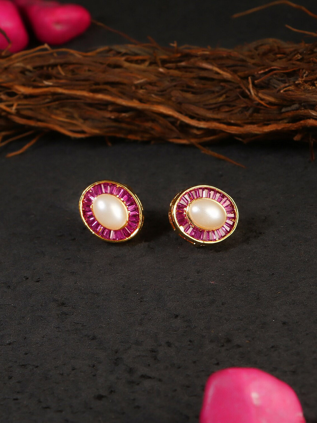 Adwitiya Collection Gold-Plated & Pink Pearl and Gems Studs Earrings