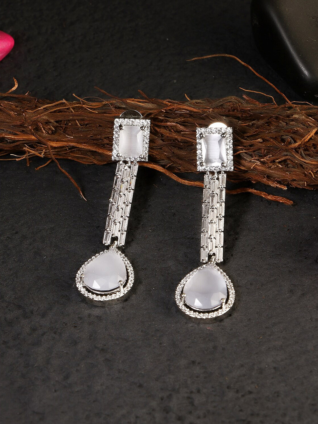 Adwitiya Collection Silver-Plated & White American Diamond Classic Drop Earrings