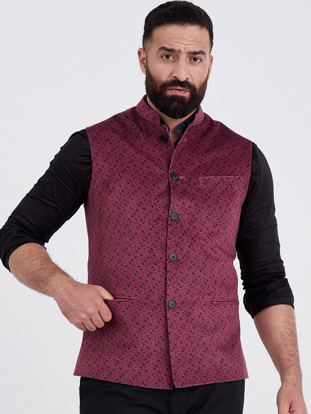 MR BUTTON Men Maroon Printed Woven Nehru Jackets