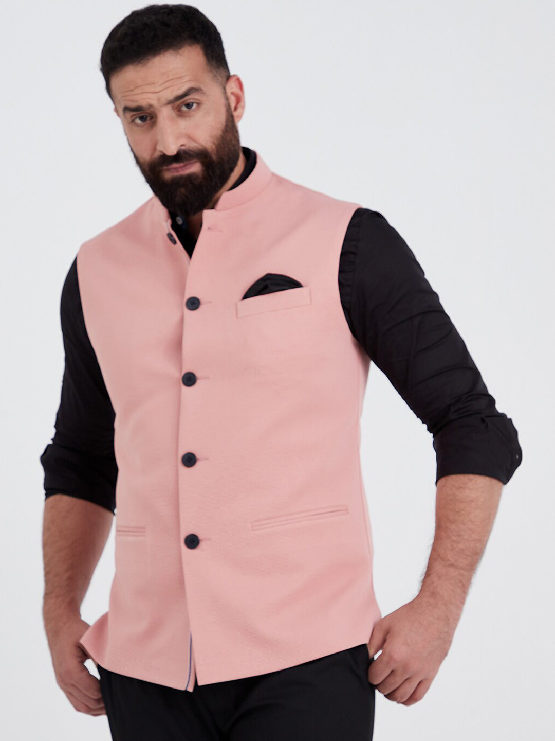 MR BUTTON Men Light Pink Textured Nehru Jackets