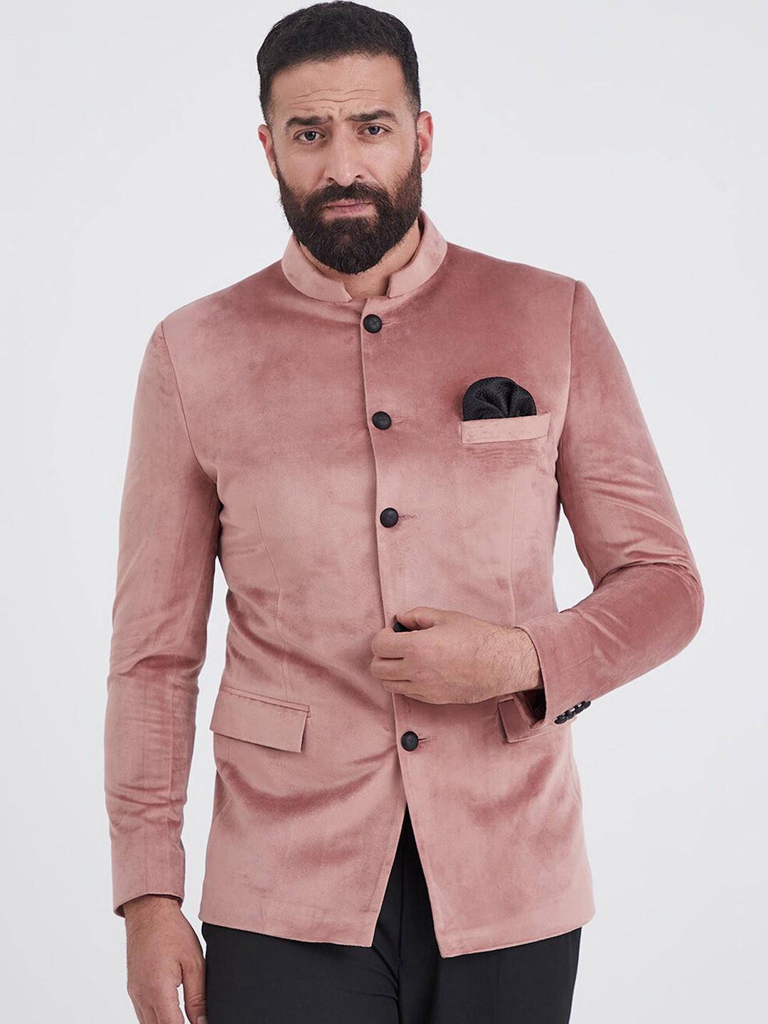 MR BUTTON Men Pink Solid Slim-Fit Velvet Blazer