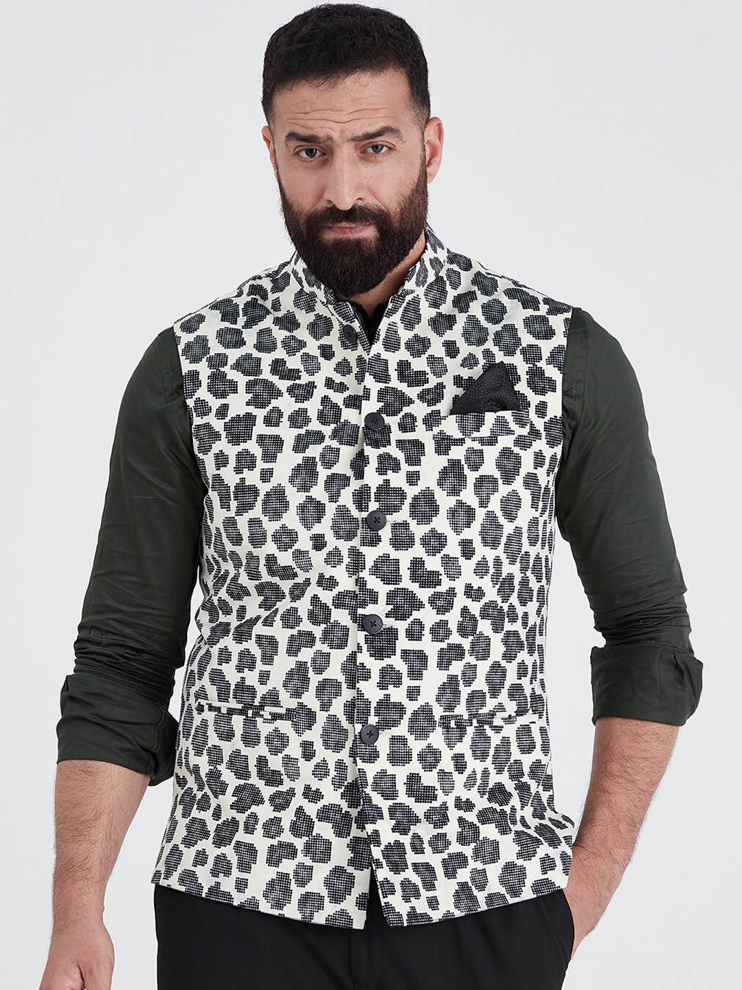 MR BUTTON Men Beige Printed Nehru Jackets