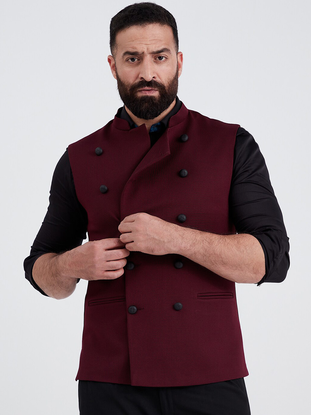 MR BUTTON Men Burgundy Solid Woven Nehru Jacket