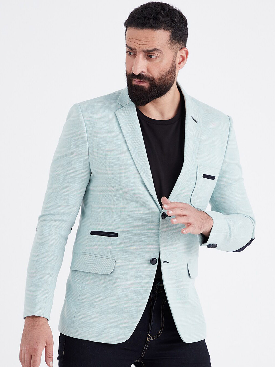 MR BUTTON Men Green Self-Design Single-Breasted Slim-Fit Casual Blazer