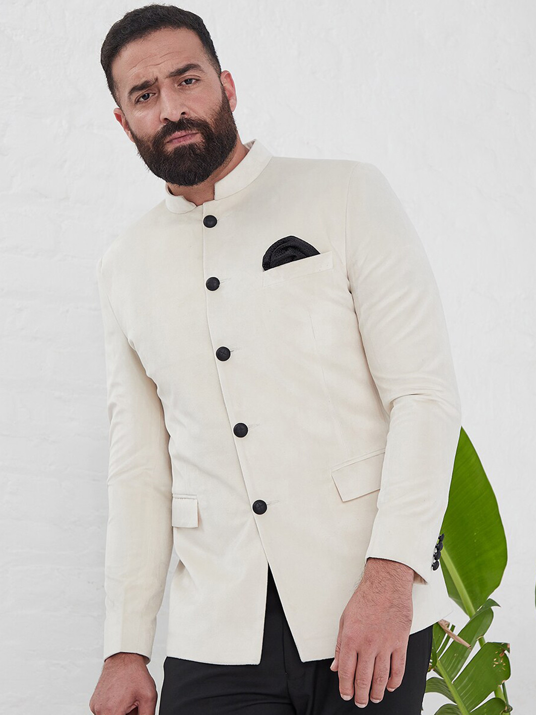 MR BUTTON Men Beige Colored Solid Slim-Fit Bandhgala Velvet Blazers