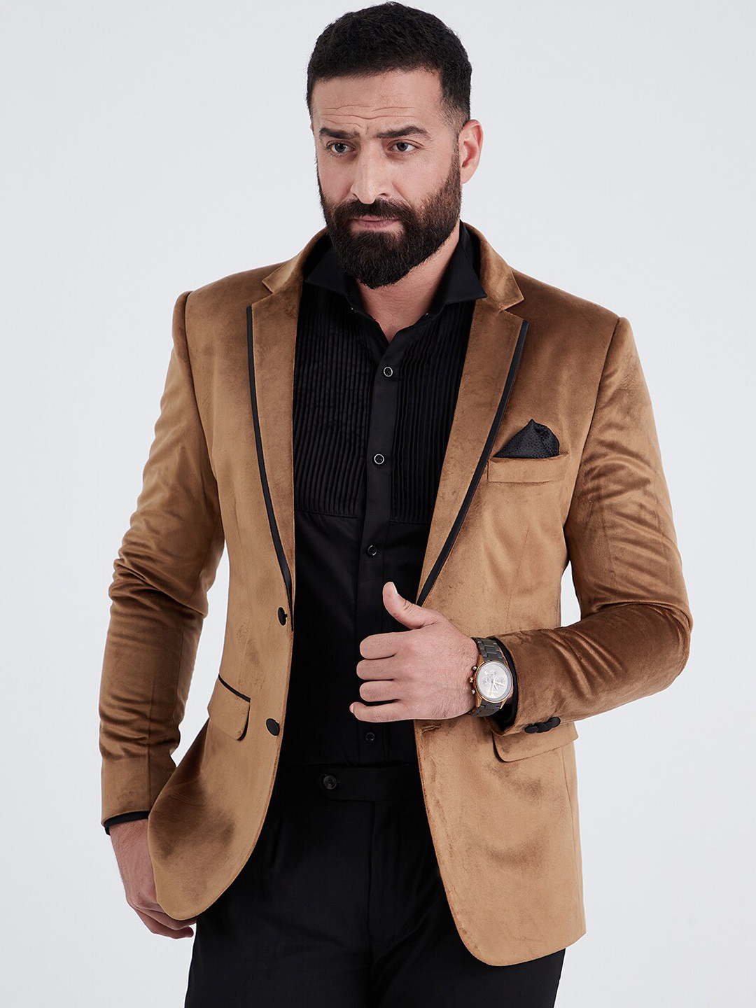 MR BUTTON Men Brown Solid Single-Breasted Velvet Blazers