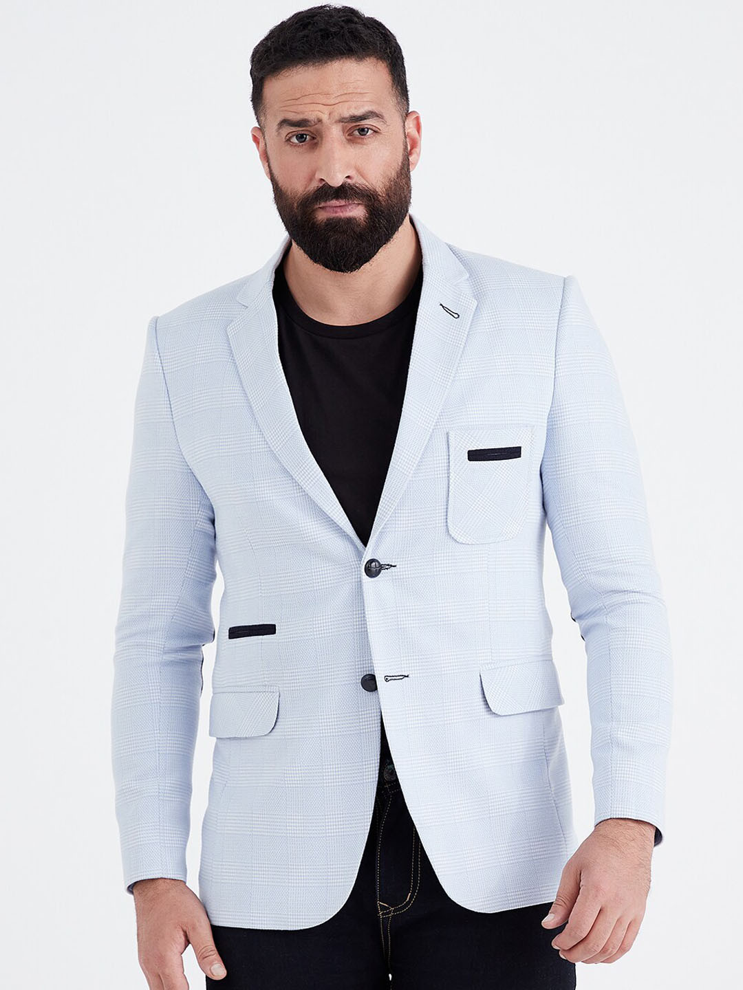 MR BUTTON Men Light Blue Checked Patterned Slim-Fit Single Breasted Blazers