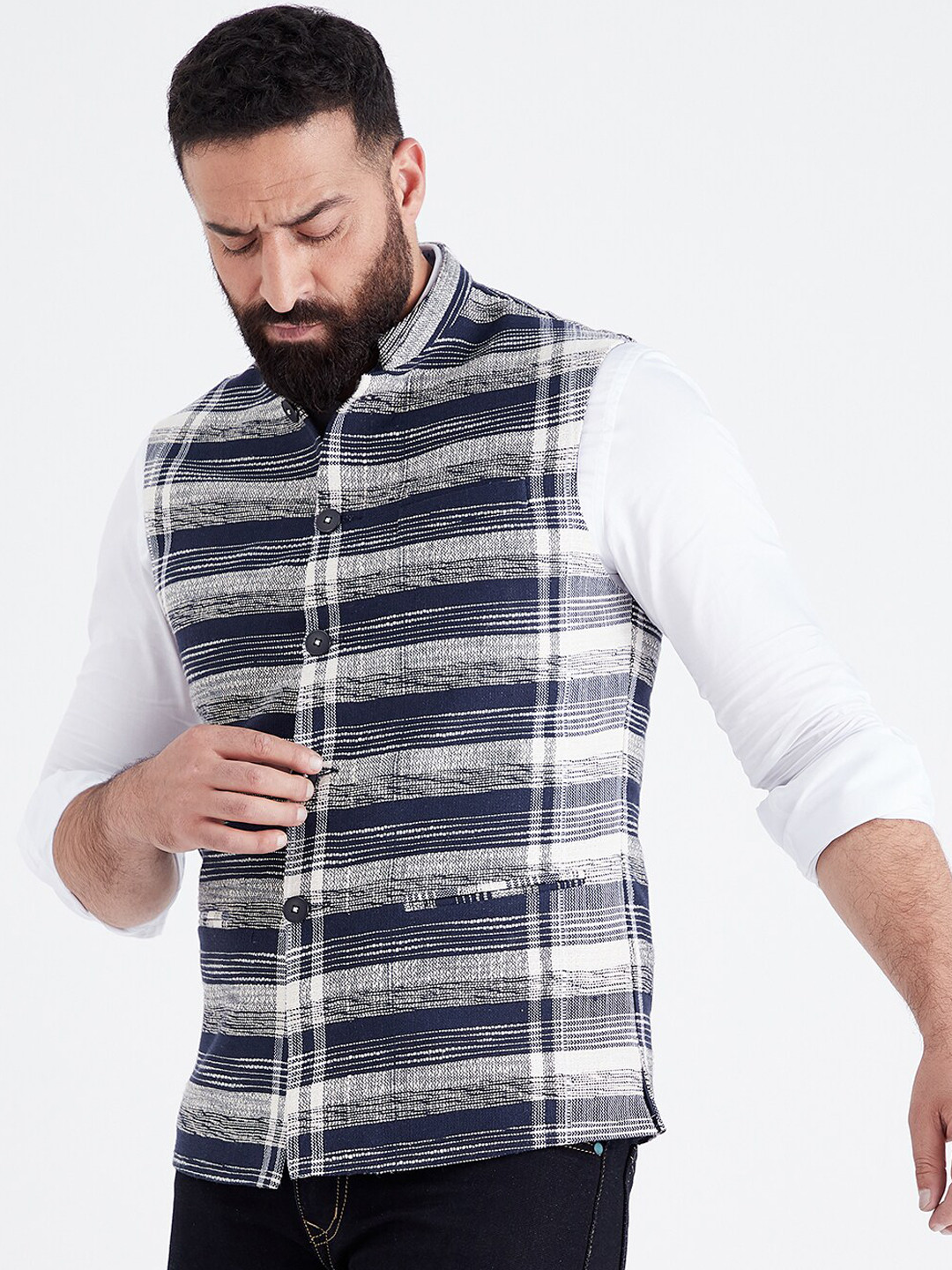 MR BUTTON Men Navy Blue Checked Woven Pure Cotton Nehru Jacket