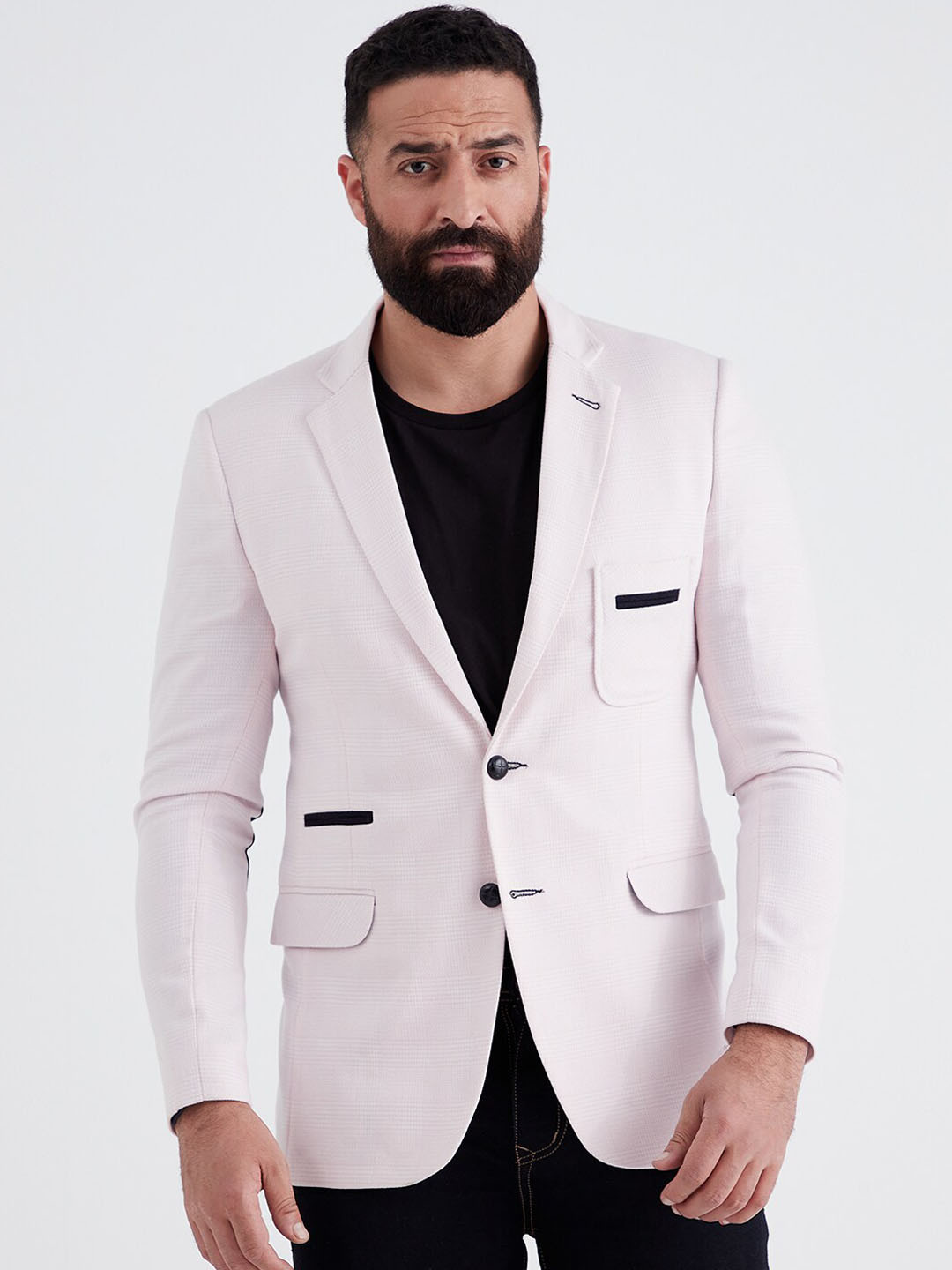MR BUTTON Men Pink Checked Single-Breasted Slim-Fit Causal Blazers