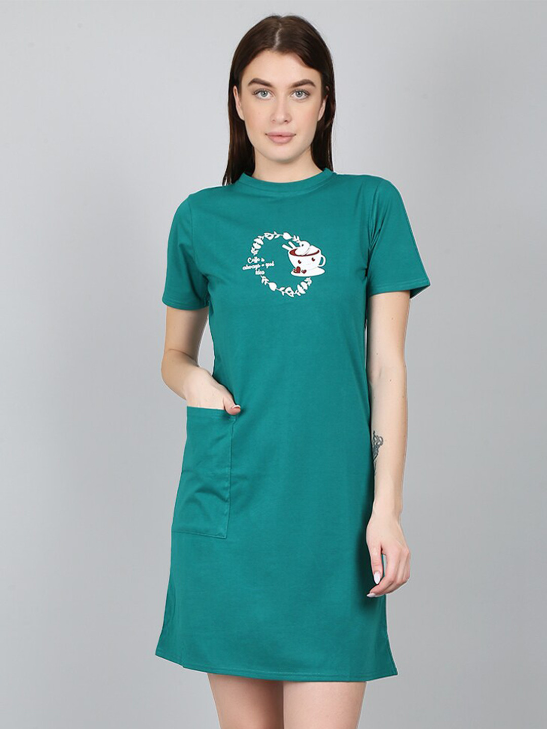 N-Gal Green Printed Above Knee Nightdress