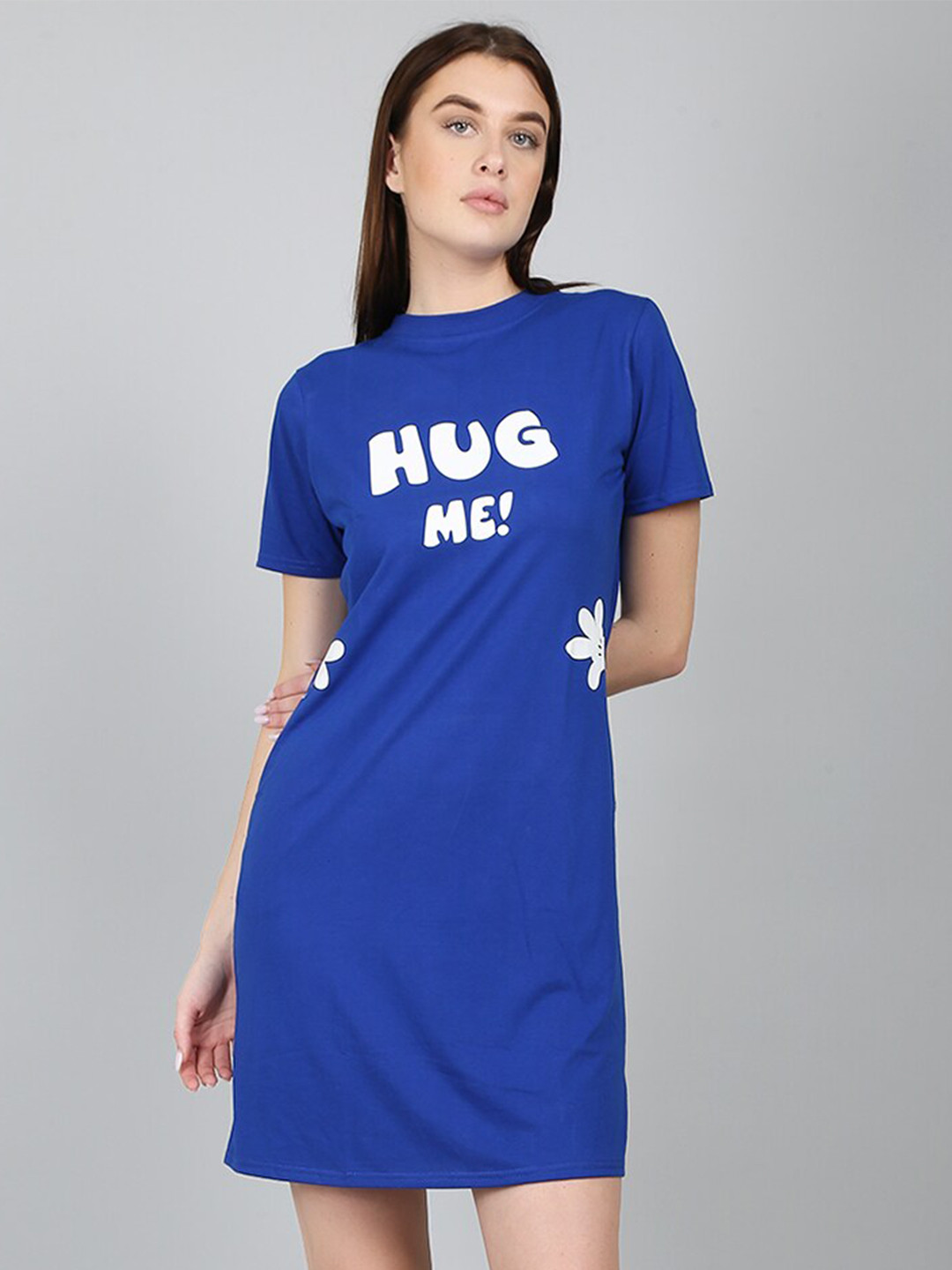 N-Gal Women's Blue Printed Cotton Nightdress