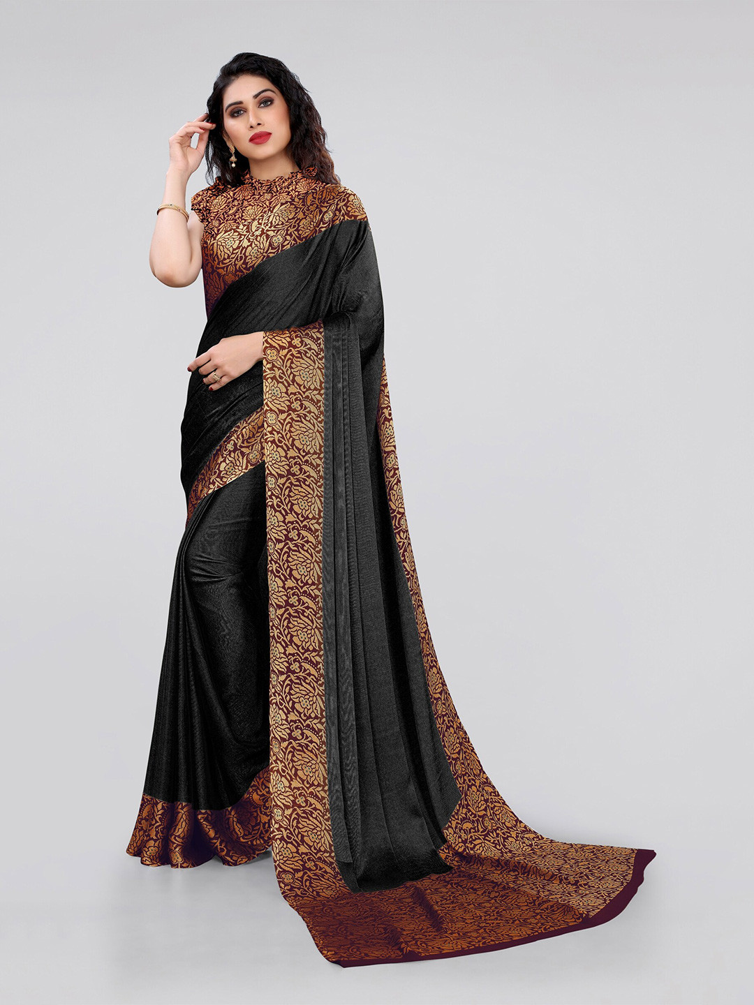 MIRCHI FASHION Black & Gold-Toned Poly Chiffon Saree
