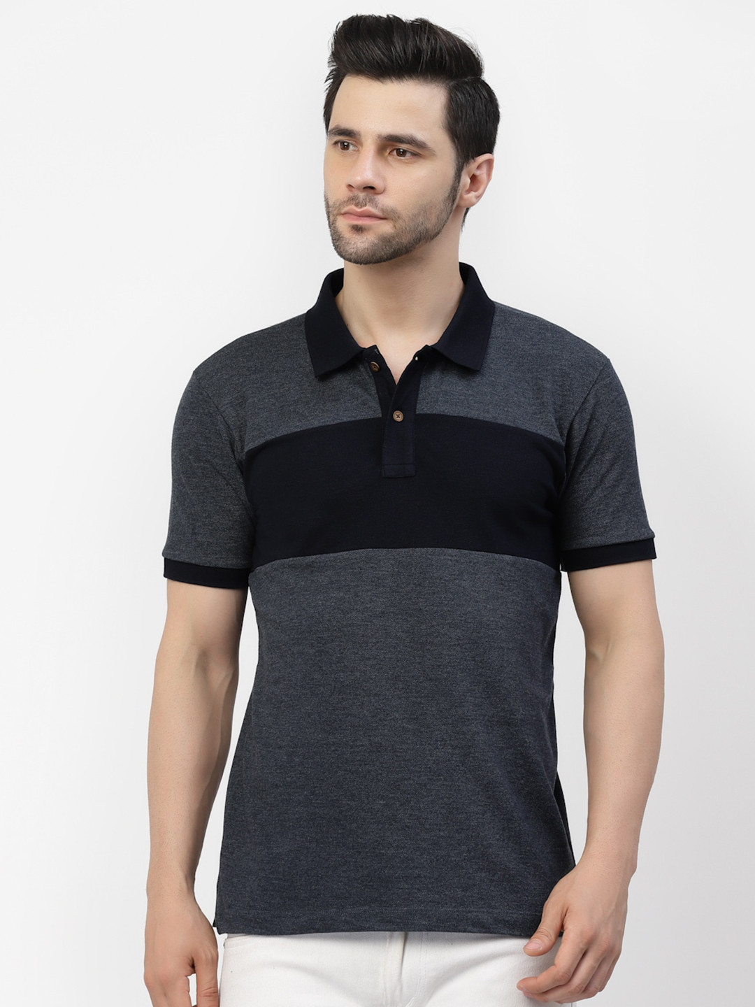 Kalt Men Plus Size Blue & Navy Blue Colourblocked Polo Collar T-shirt