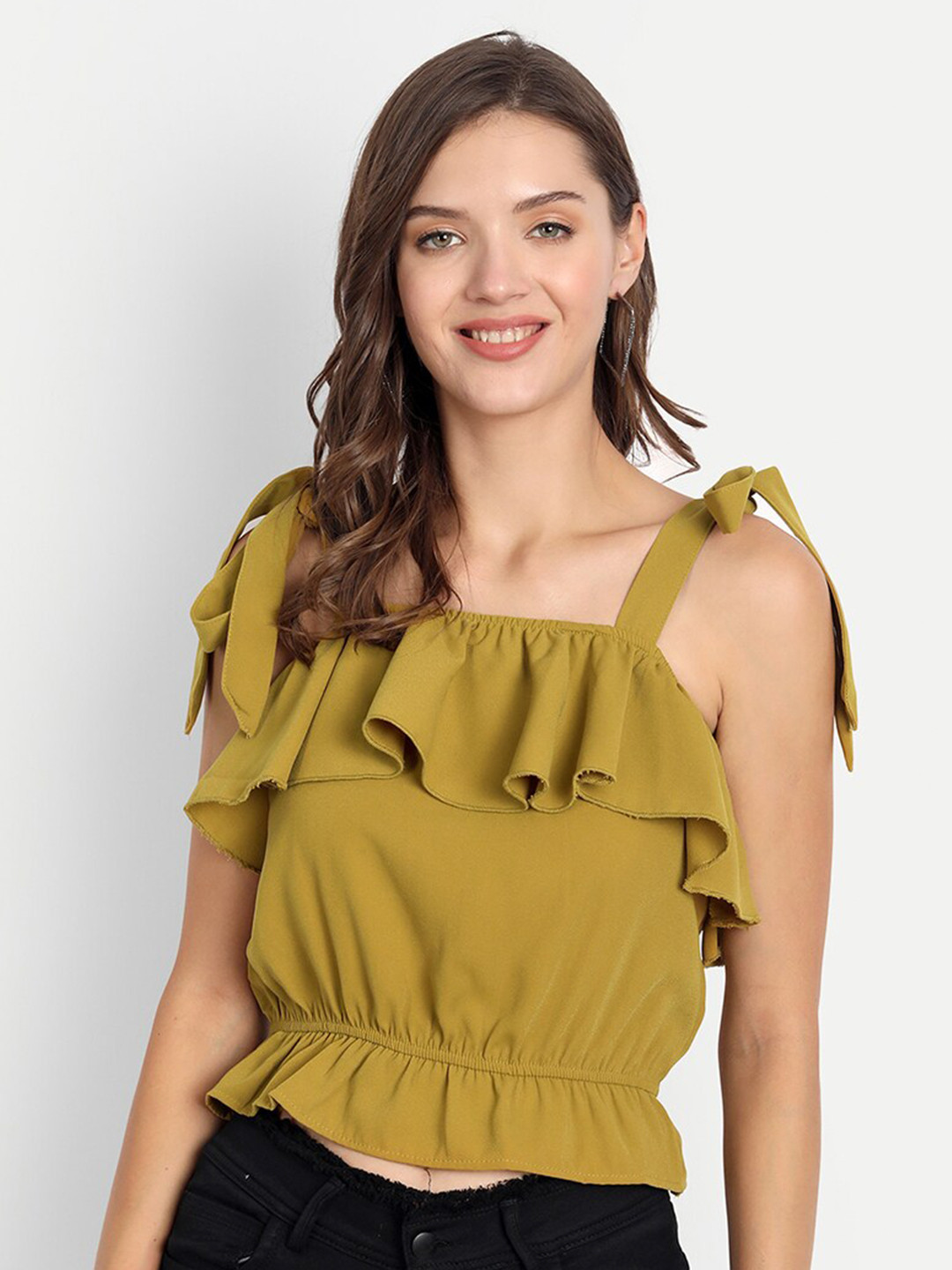 D 'VESH Women Mustard Yellow Ruffles Chiffon Blouson Crop Top