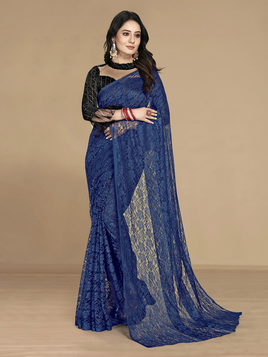KALINI Women Navy Blue Floral Net Saree With Unstitched Blouse