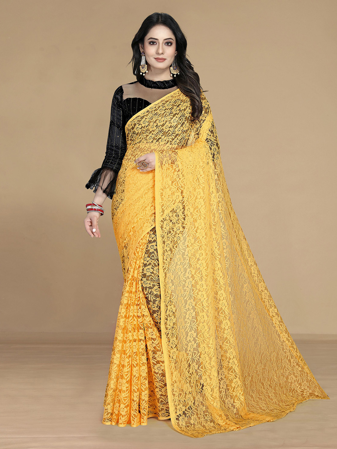 KALINI Women Yellow Floral Net Saree With Unstitched Blouse