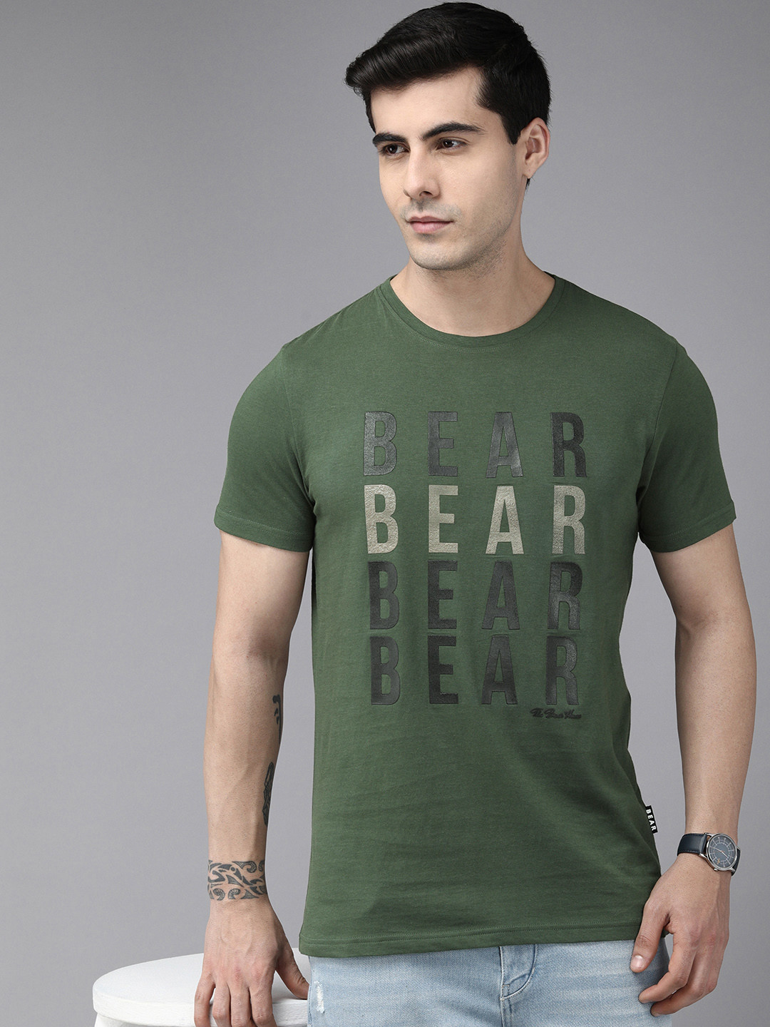 THE BEAR HOUSE Ardor Edition Men Green Brand Logo Printed Pure Cotton Slim Fit T-shirt