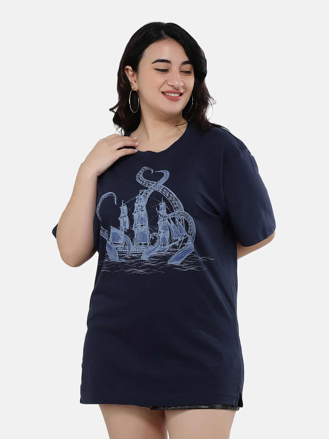 NUEVOSDAMAS Women Navy Blue Typography Printed Oversized T-shirt