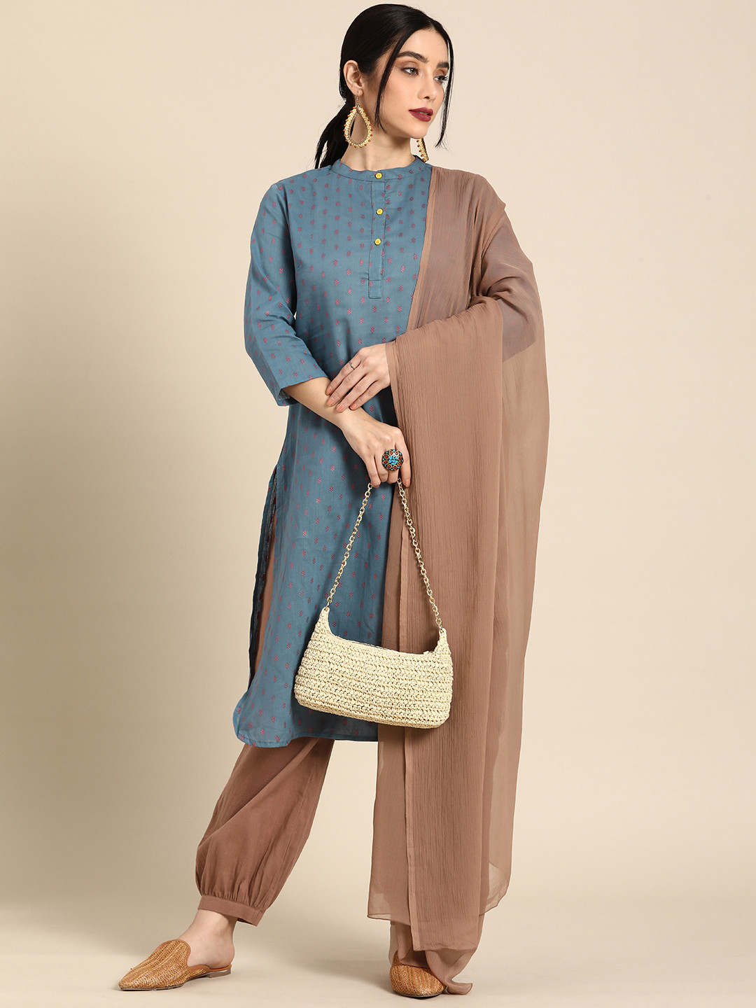 Sangria Teal Blue & Brown Pure Cotton Kurta with Salwar & Dupatta