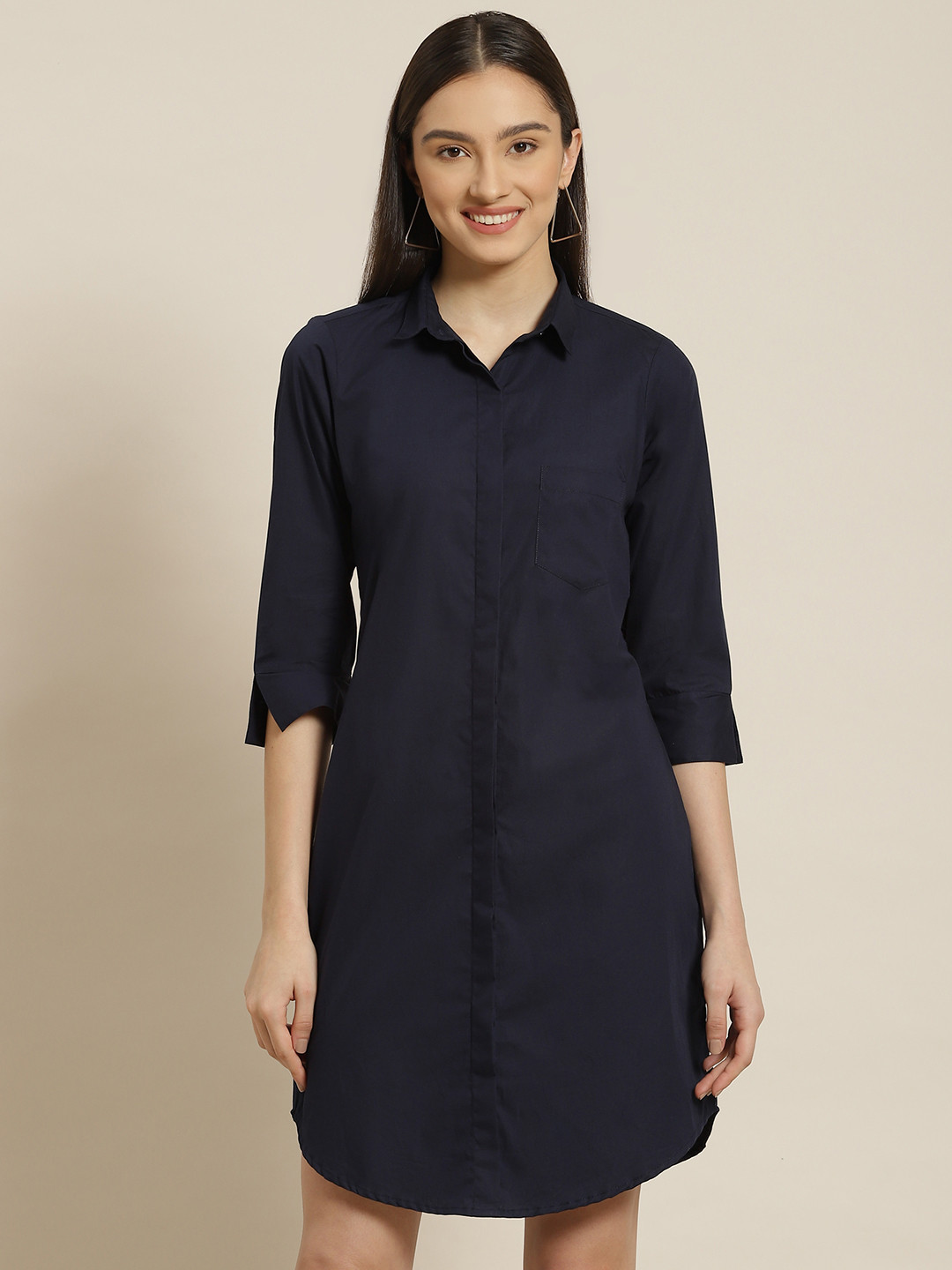 Hancock Women Solid Navy Blue Pure Cotton Formal Shirt Dress
