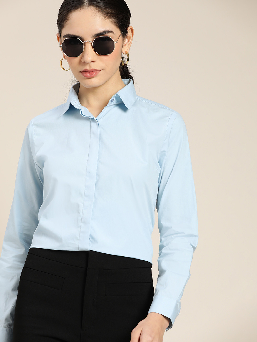 Hancock Women Sky Blue Solid Regular Fit Pure Cotton Formal Shirt