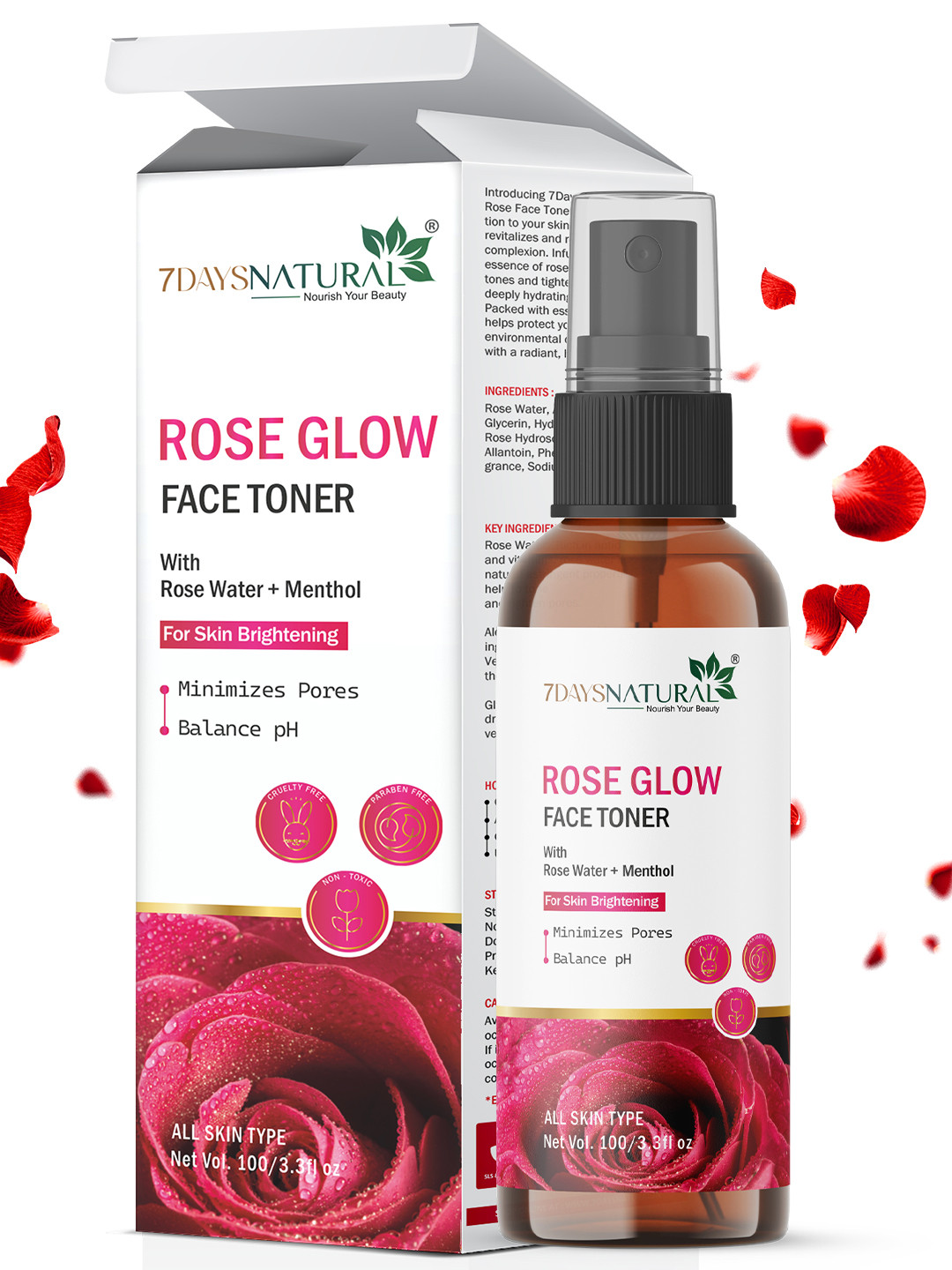 7DAYSNATURAL Rose Glow Face Toner to Soothes Redness & Tightens Pores - 100 ml