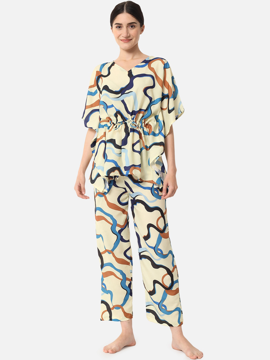 FFLIRTYGO Women Yellow & Blue Printed Kaftan Night suit   KNSS2007_A