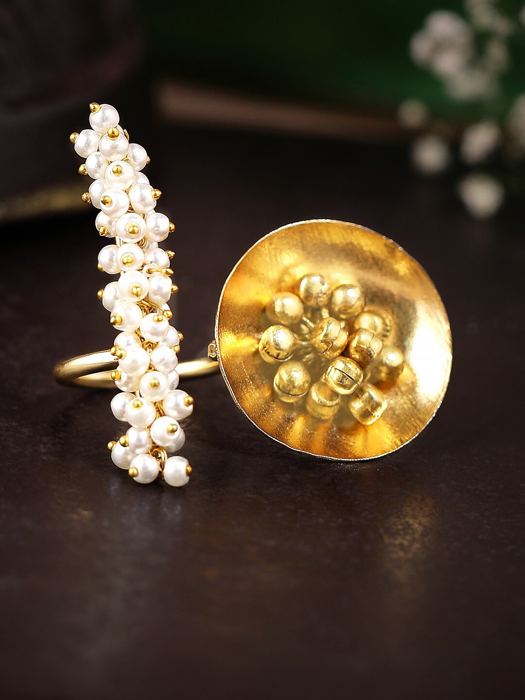 Rubans 18K Gold-Plated White Pearl Clusters & Ghungroo Disc Motif Artistic Ring