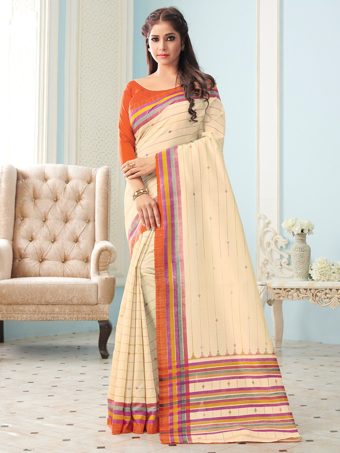 Mitera Women Beige & Green Striped Art Silk Bhagalpuri Saree With Matching Blouse