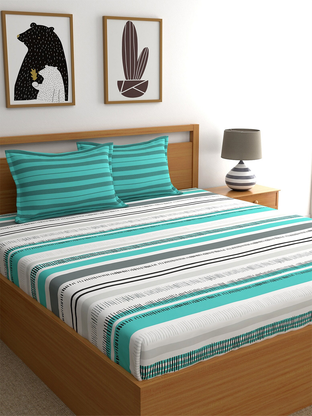 Home Ecstasy Teal & White 140TC King Fitted Bedsheet With 2 Pillow Covers