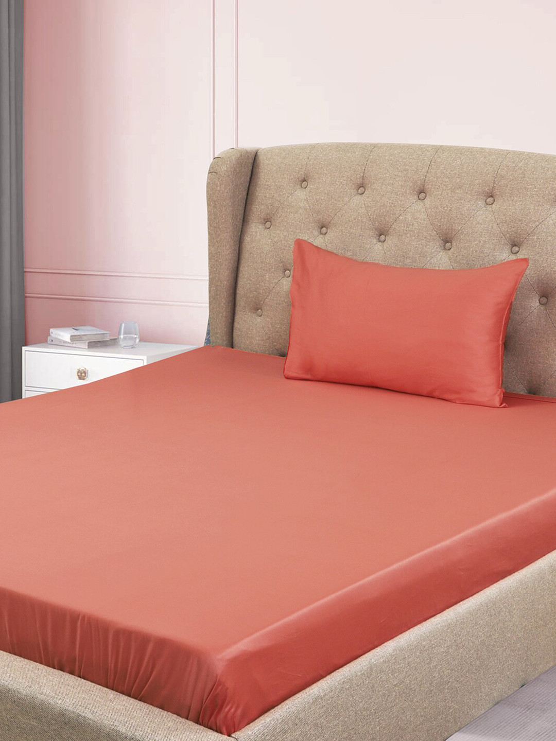 Jamio Firati Peach Pure Cotton 180 TC Single Fine Bedsheet with a Pillow Cover-95 x 65 inches
