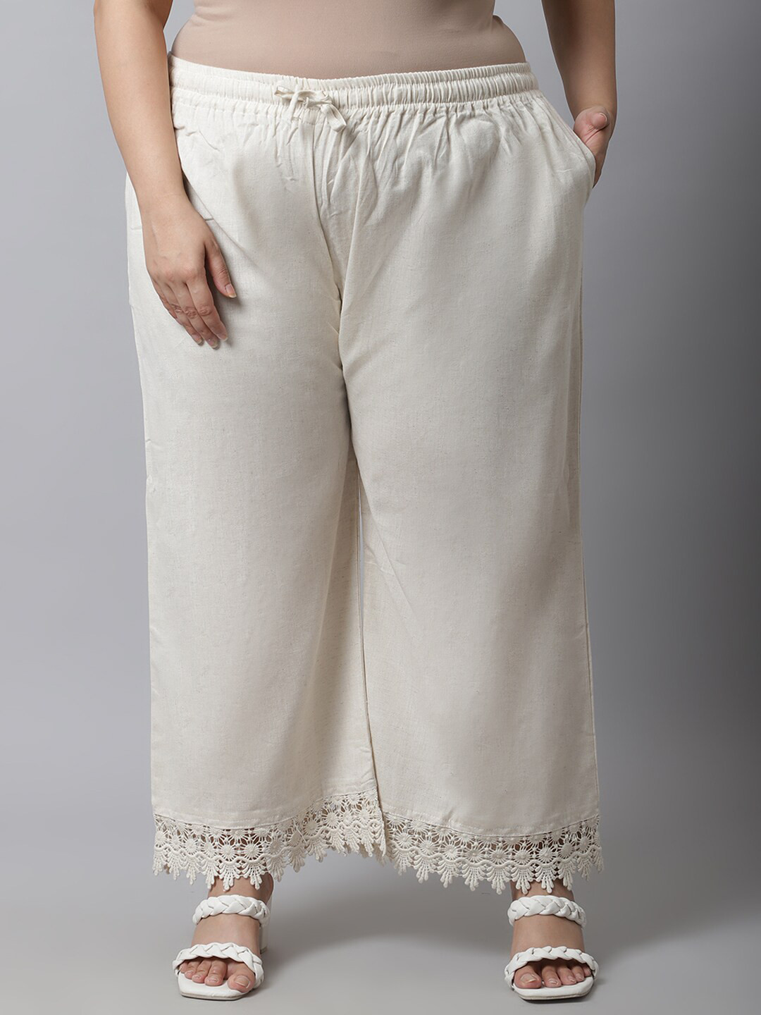 TAG 7 Women Plus Size Cream-Coloured Linen Ethnic Palazzos