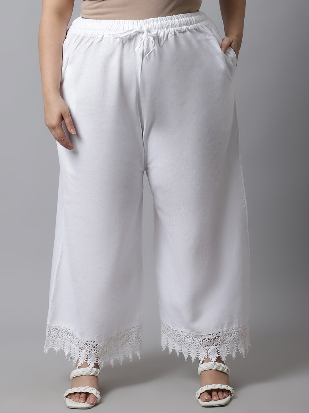 TAG 7 Women Plus Size White Solid Linen Ethnic Palazzos
