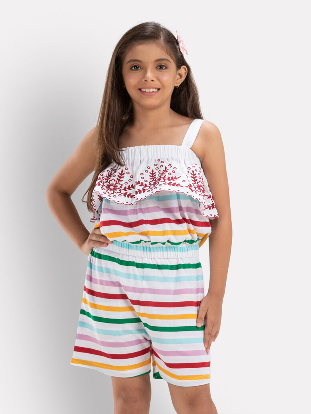 Growing Tree Girls White & Red Striped Pure Cotton Top with Shorts