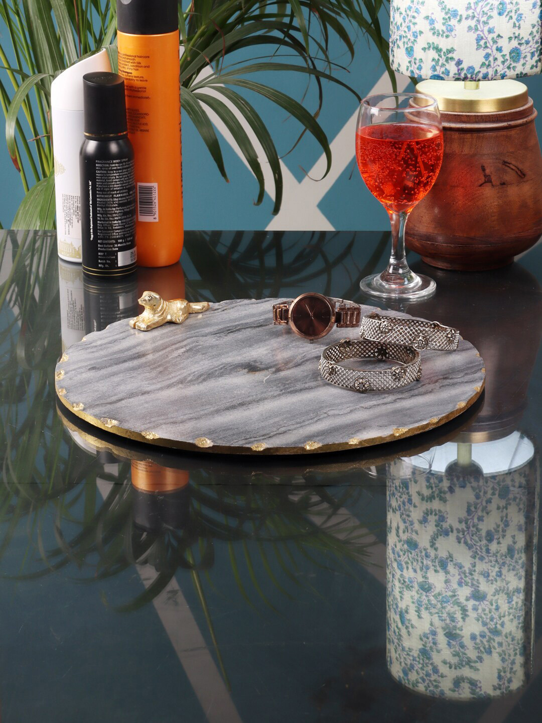 NikkisPride Black & Gold-Toned Textured Marble Platter With Metal Piece Attachment