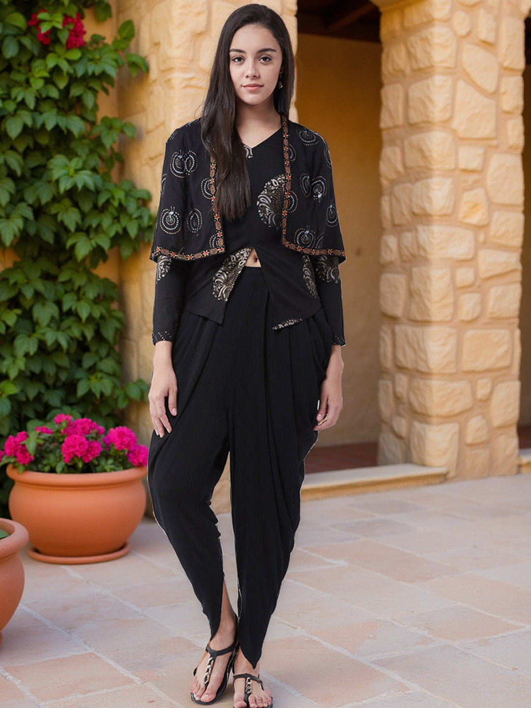 Pannkh Women Ethnic Motifs Printed Top & Dhoti Pant With Stylish Cape