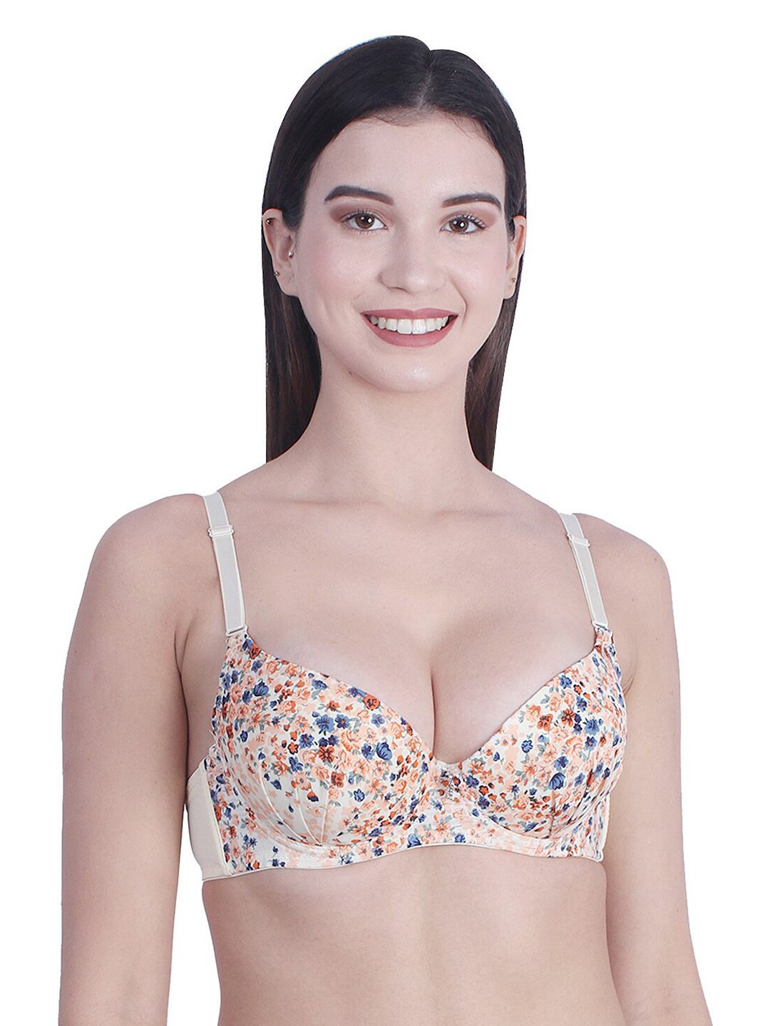 BRACHY Women Beige & Orange Floral Underwired Lightly Padded Pushup T-Shirt Bra