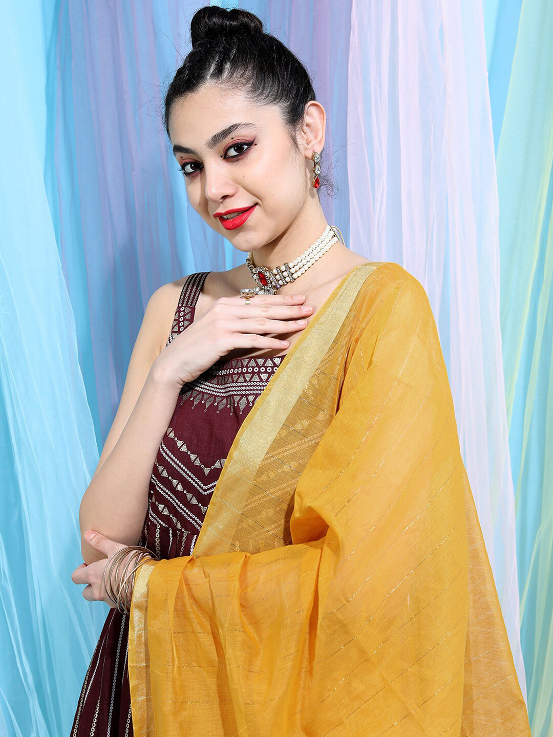 Maroon Embellished Ethnic Maxi Dress with Jacket