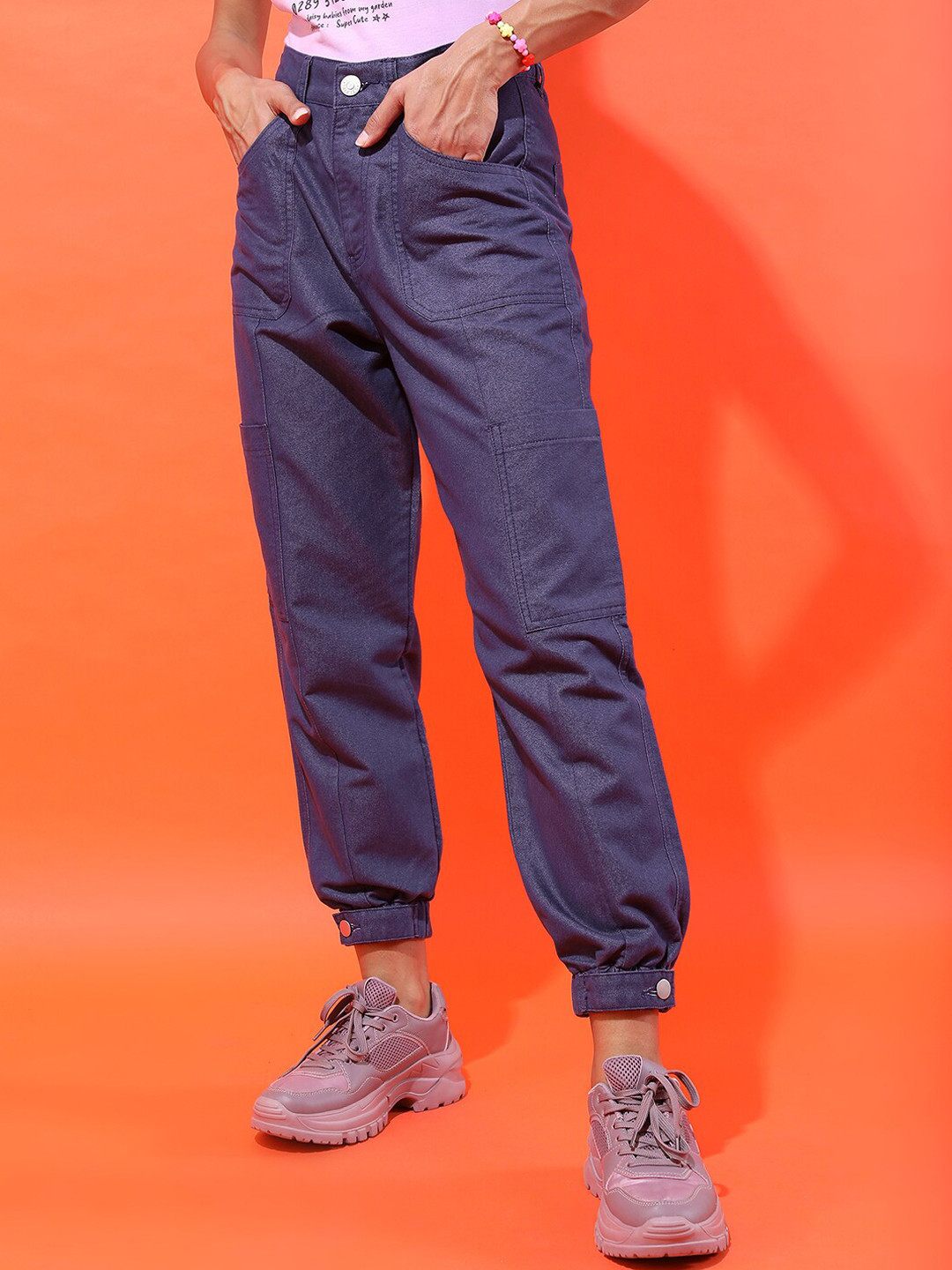 Tokyo Talkies Women Navy Blue Jogger Cuffed Hem Jeans