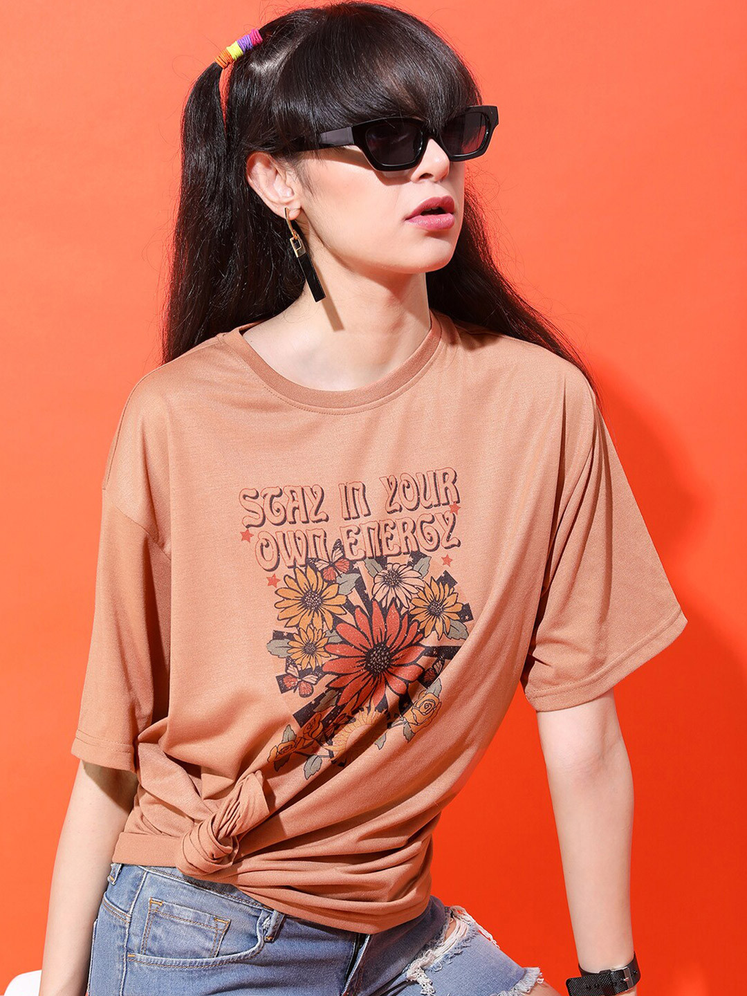 Tokyo Talkies Women Camel Brown Floral Printed Extended Sleeves Oversized T-shirt