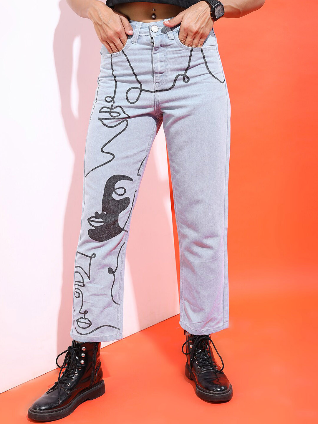 Tokyo Talkies Women Blue Wide Leg Printed Jeans