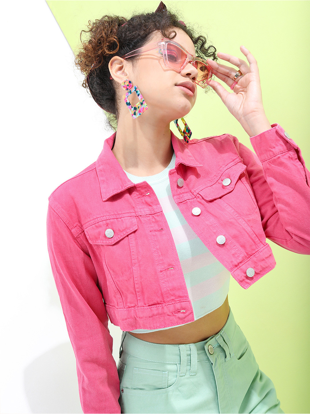 Tokyo Talkies Women Pink Crop Denim Jacket
