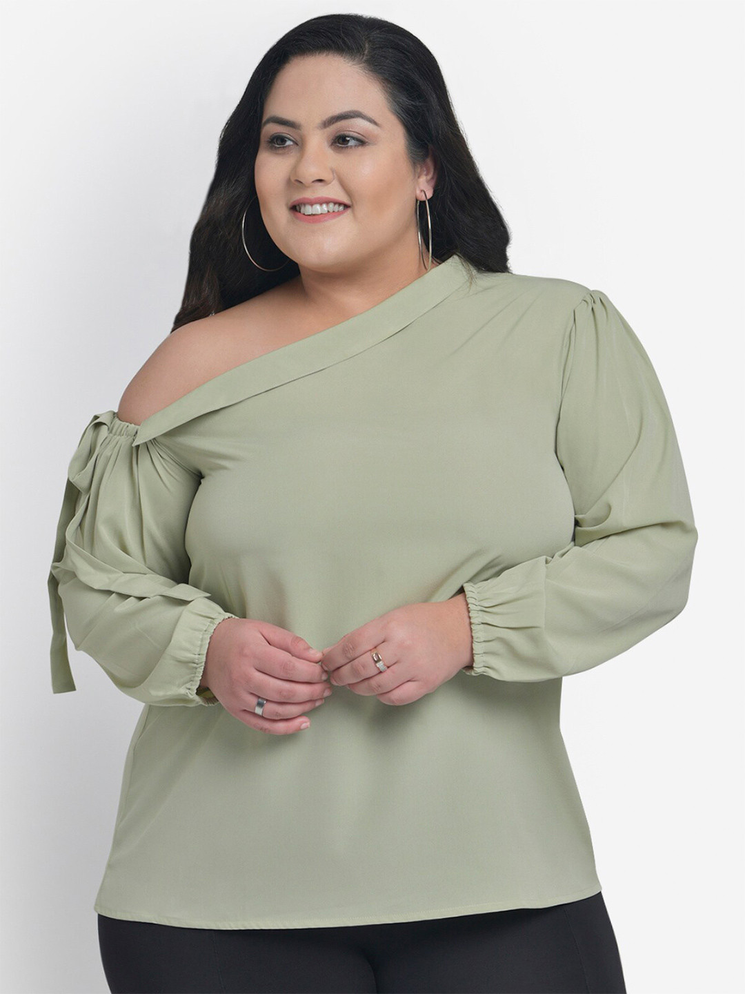 wild U Women Plus Size Green One Shoulder Crepe Top