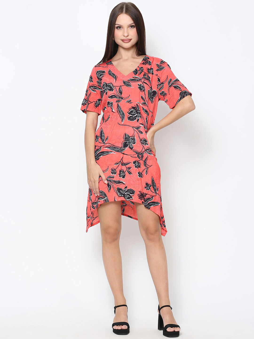 DRIRO Women Red Floral Print Shantoon A-Line Dress
