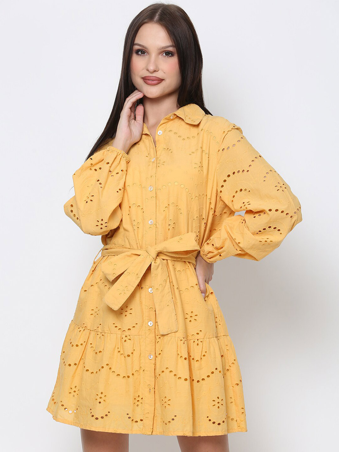 DRIRO Women Schiffli Belted Shirt Mini Dress