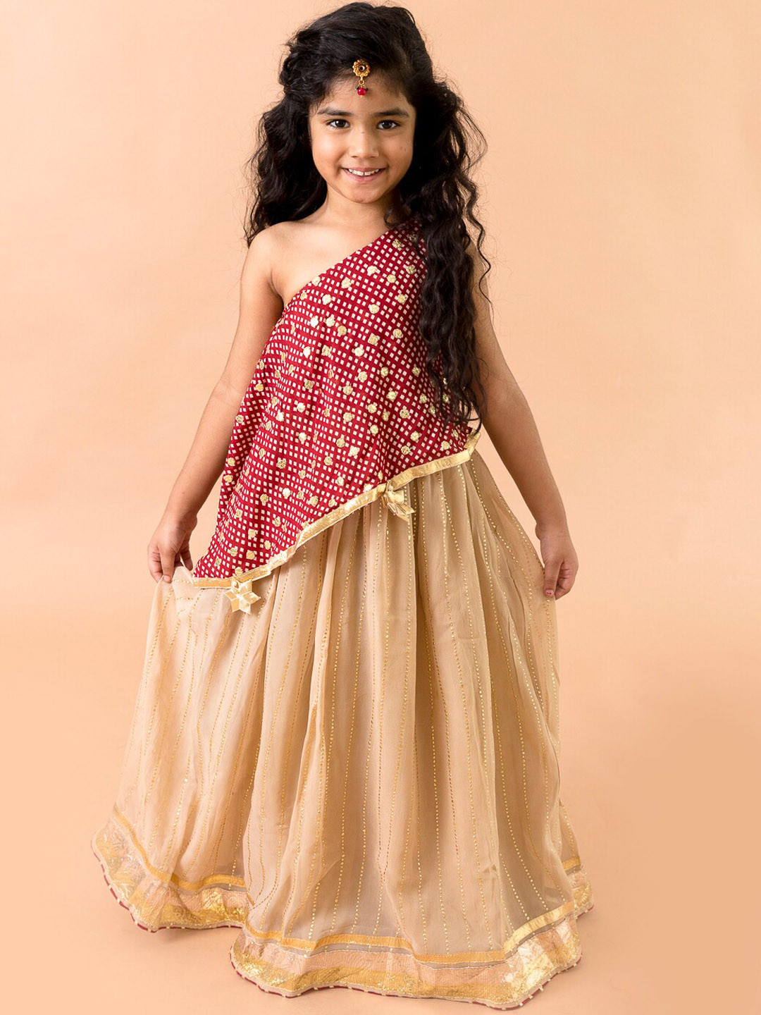 Fairies Forever Girls Maroon Ethnic Motifs Printed Top with Skirt